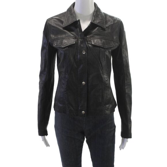 Anatomie Jackets & Blazers - Anatomie Womens Basic Leather Jacket Black Button Long Sleeve Size S